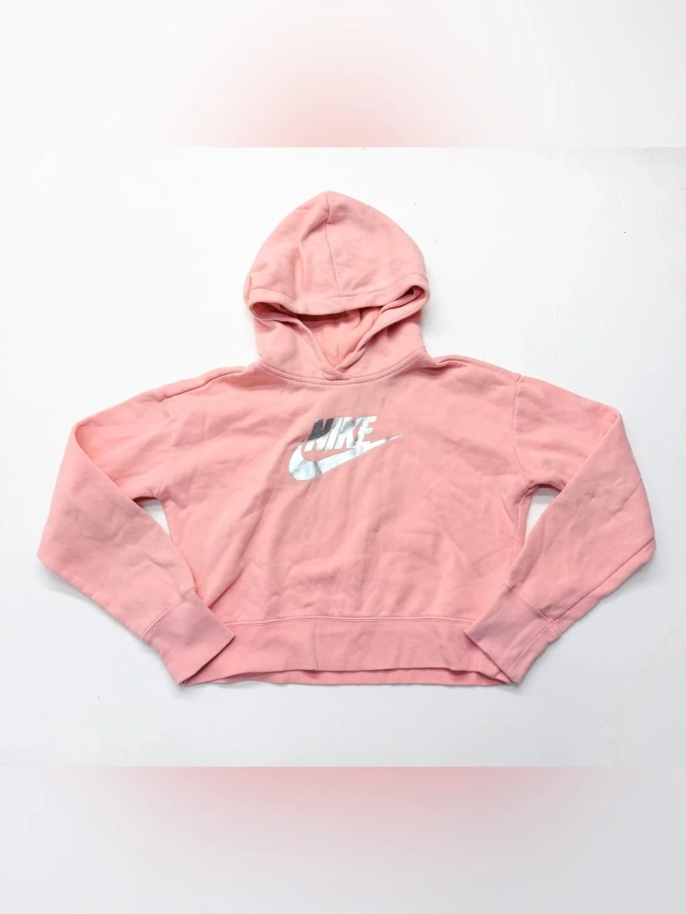 Nike Pink Cropped Hooded Pullover Sweatshirt Hoodie Foil Logo